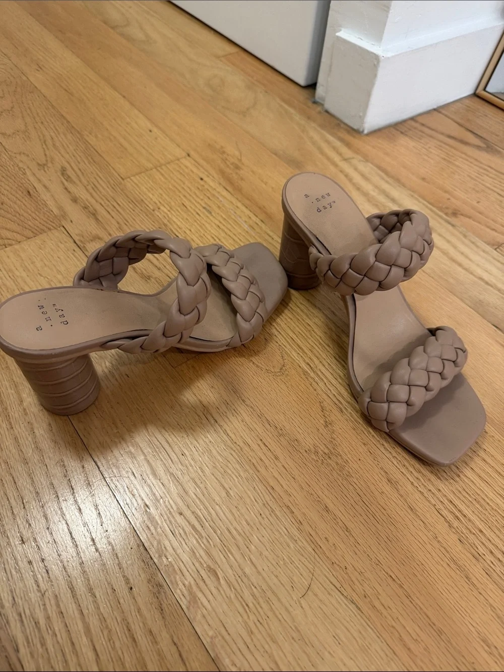 a new day Braided Double-Strap Block Heel Sandals in Taupe